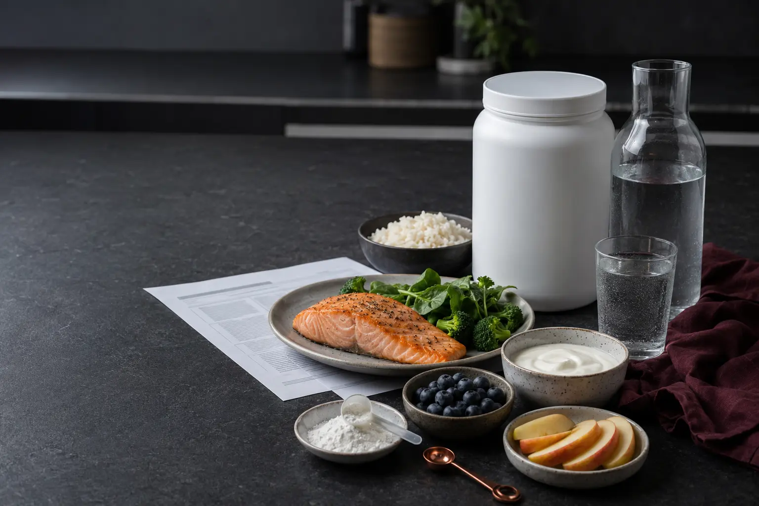 Repas équilibré, eau et compléments alimentaires neutres dans un laboratoire culinaire